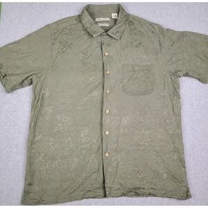 Batik Bay Shirt Mens Size Large Green 100% Silk Hawaiian Floral Vacation